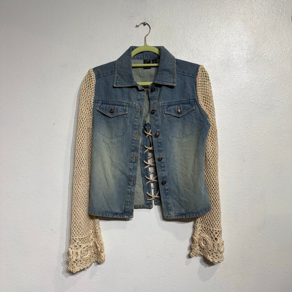Cama Sol Denim Crochet Sleeve Vintage Jacket Sz S - Picture 2 of 11